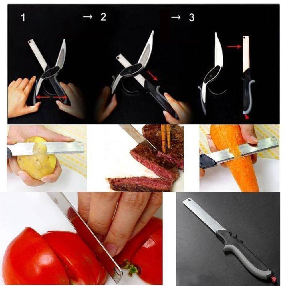 Multifunctional knife being used for various tasks including cutting vegetables and meat-bluenotes.store